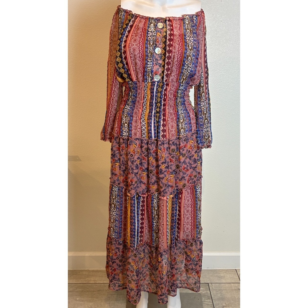 Fig & Flower Floral Tiered‎ Patchwork Boho Smocked Maxi Dress S Cottage Peasant - Picture 2 of 14